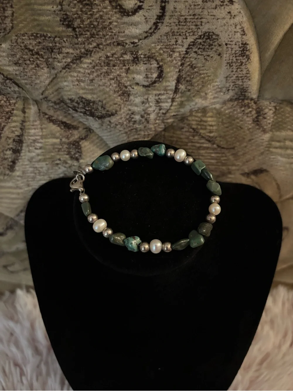 Carolyn Pollack 925 Sterling Silver Turquoise + Pearl Beaded Bracelet - 7 inches
